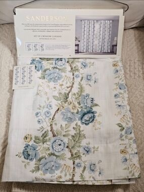 SANDERSON Hykenham Floral Cottage Cotton Curtains 2 Drapes 50" x 84” Blue HTF
